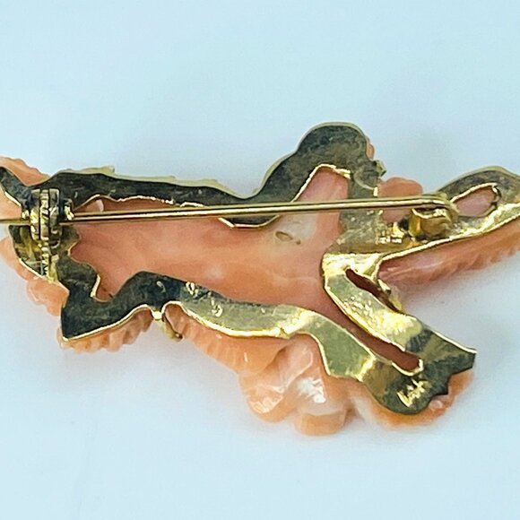 JR8581 Vintage carved natural color coral flower brooch 14K gold 45x24mm 8.6g - Picture 5 of 7